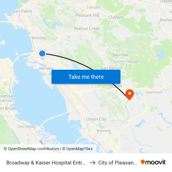 Broadway & Kaiser Hospital Entrance to City of Pleasanton map