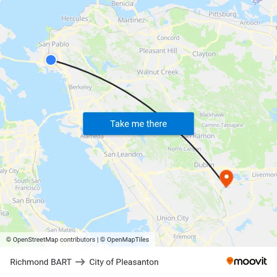 Richmond BART to City of Pleasanton map