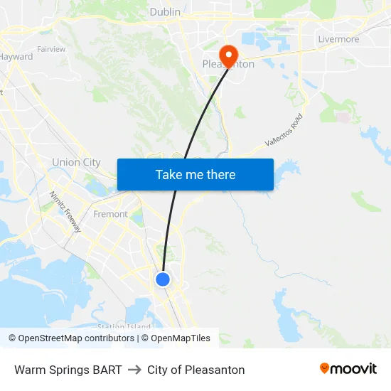Warm Springs BART to City of Pleasanton map