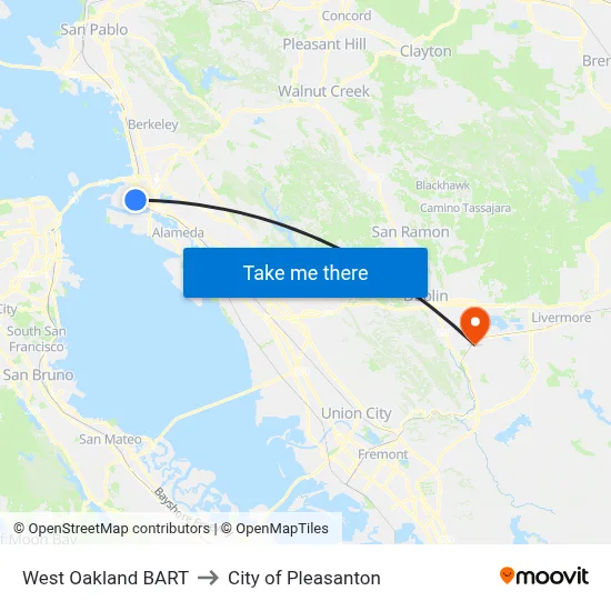 West Oakland BART to City of Pleasanton map