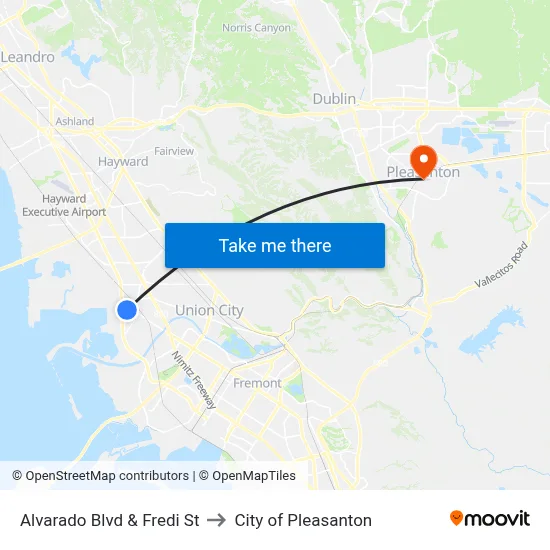 Alvarado Blvd & Fredi St to City of Pleasanton map