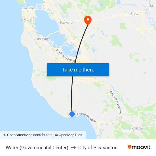 Water (Governmental Center) to City of Pleasanton map