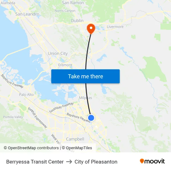Berryessa Transit Center to City of Pleasanton map