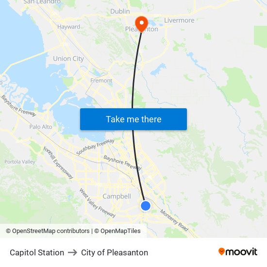 Capitol Station to City of Pleasanton map
