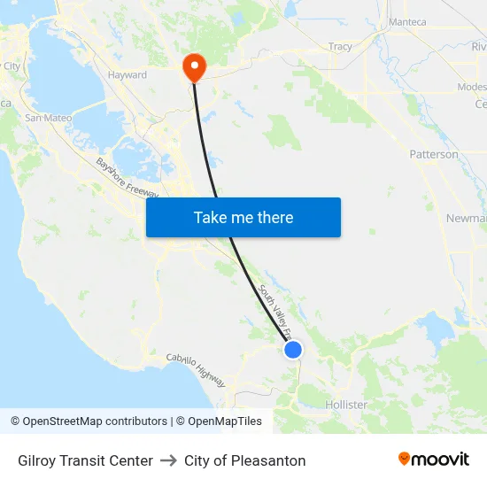 Gilroy Transit Center to City of Pleasanton map