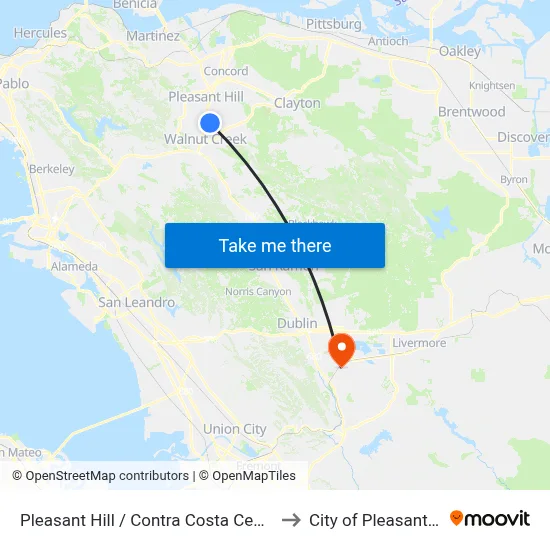 Pleasant Hill / Contra Costa Centre to City of Pleasanton map