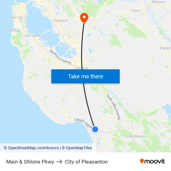 Main & Ohlone Pkwy to City of Pleasanton map
