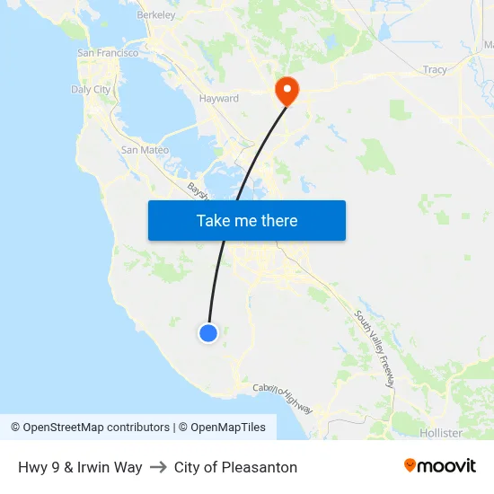 Hwy 9 & Irwin Way to City of Pleasanton map