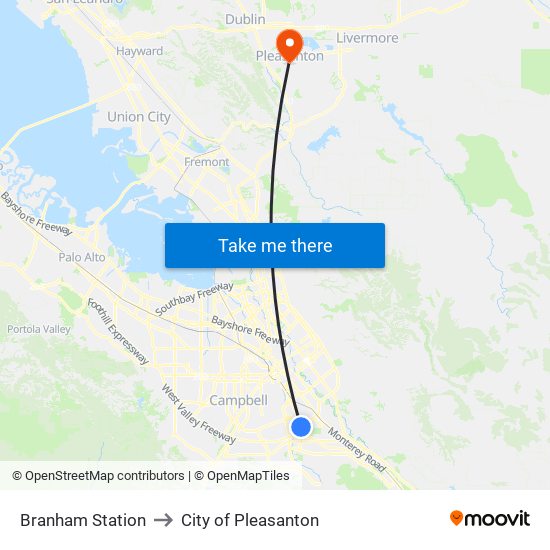 Branham Station to City of Pleasanton map