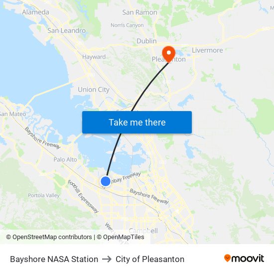 Bayshore NASA Station to City of Pleasanton map