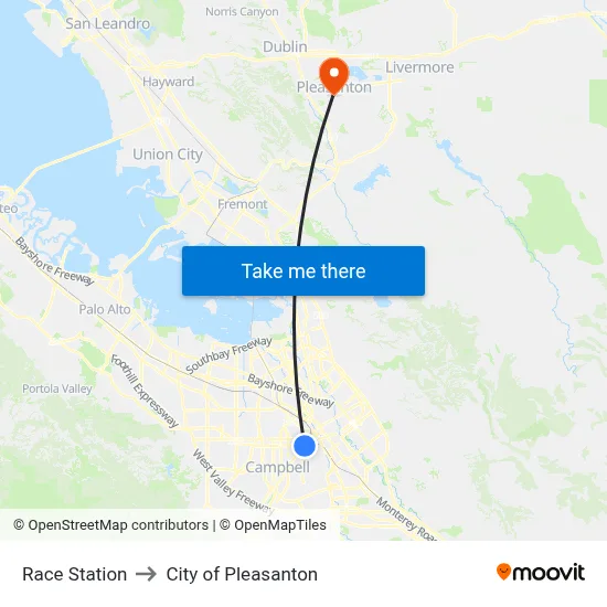 Race Station to City of Pleasanton map