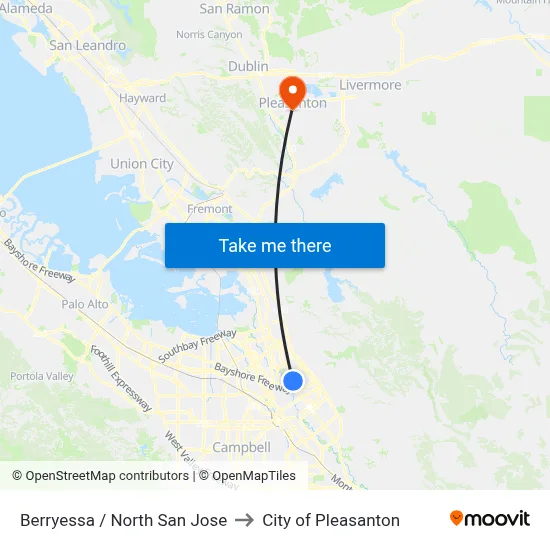 Berryessa / North San Jose to City of Pleasanton map