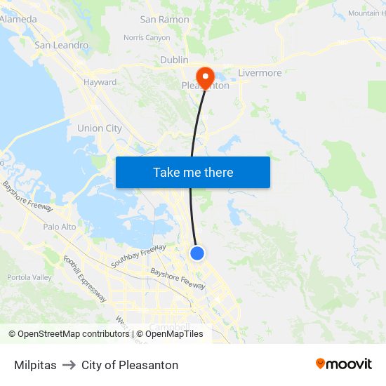 Milpitas to City of Pleasanton map