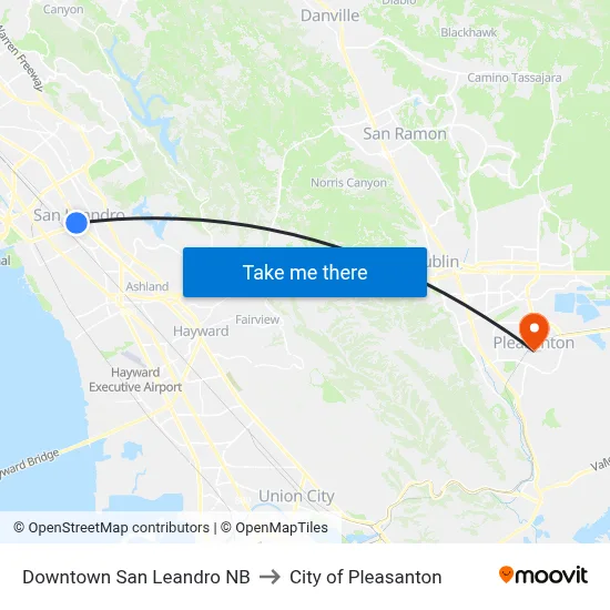 Downtown San Leandro NB to City of Pleasanton map