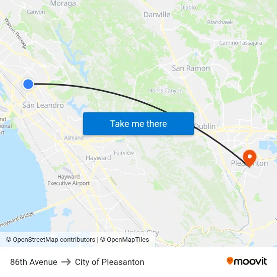 86th Avenue to City of Pleasanton map