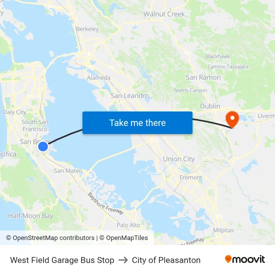 West Field Garage Bus Stop to City of Pleasanton map