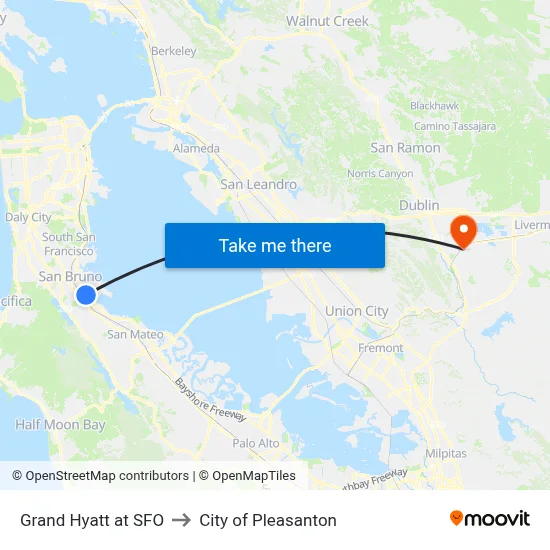 Grand Hyatt at SFO to City of Pleasanton map