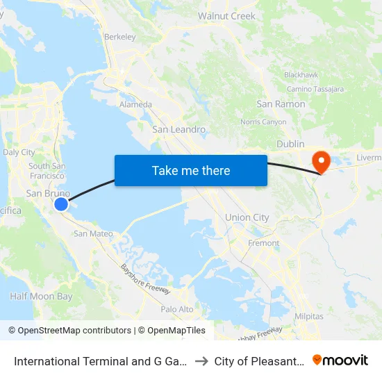 International Terminal and G Gates to City of Pleasanton map