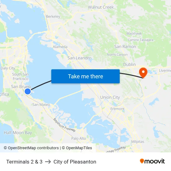 Terminals 2 & 3 to City of Pleasanton map