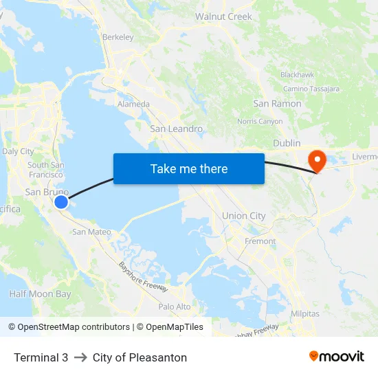 Terminal 3 to City of Pleasanton map