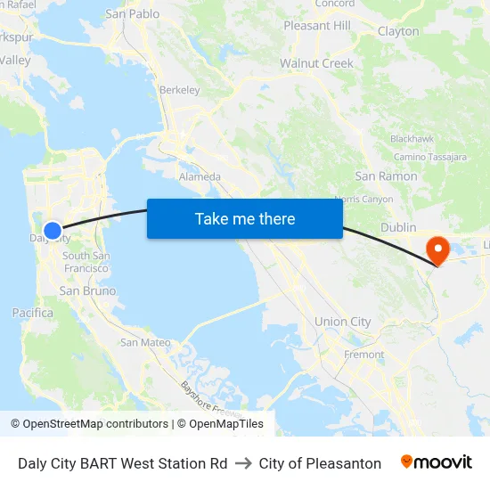 Daly City BART Stop A2 to City of Pleasanton map