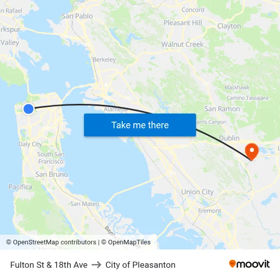 Fulton St & 18th Ave to City of Pleasanton map