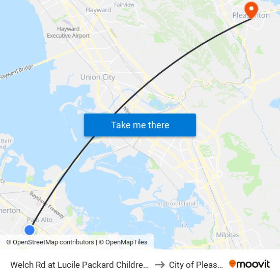 Welch Rd at Lucile Packard Children's Hospital to City of Pleasanton map