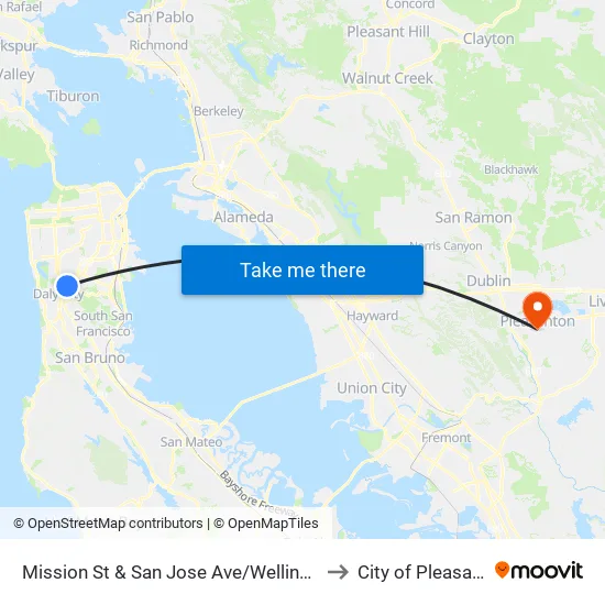 Mission St & San Jose Ave/Wellington Ave to City of Pleasanton map