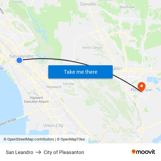 San Leandro to City of Pleasanton map