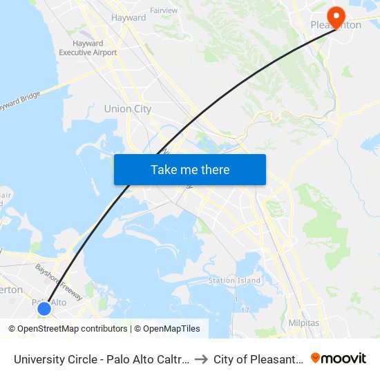 University Circle - Palo Alto Caltrain to City of Pleasanton map