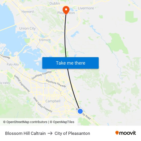 Blossom Hill Caltrain to City of Pleasanton map