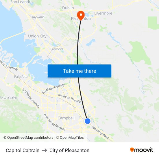 Capitol Caltrain to City of Pleasanton map