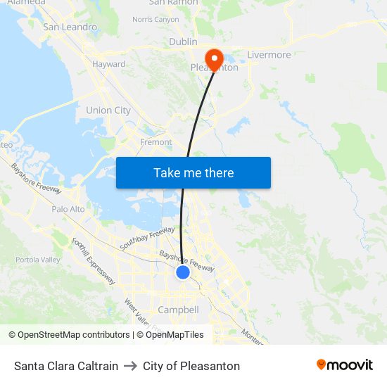 Santa Clara Caltrain to City of Pleasanton map