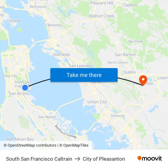 South San Francisco Caltrain to City of Pleasanton map