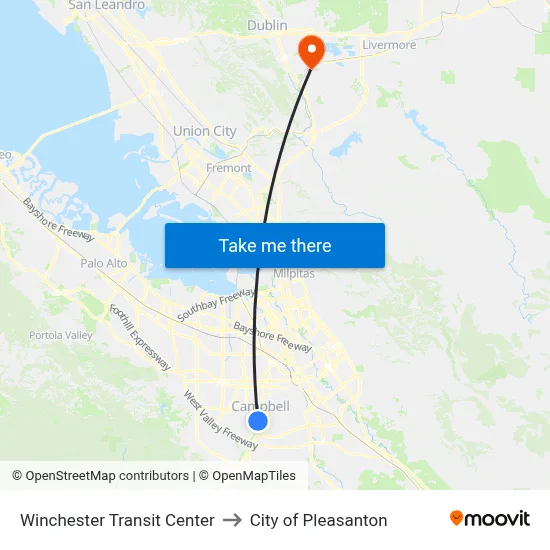 Winchester Transit Center to City of Pleasanton map