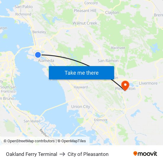 Oakland Ferry Terminal to City of Pleasanton map