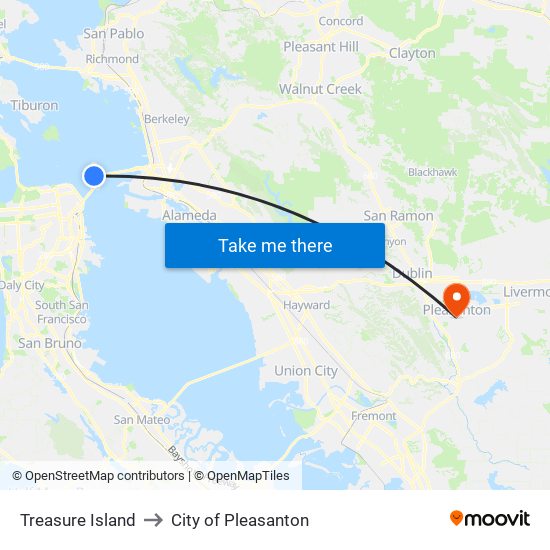 Treasure Island to City of Pleasanton map