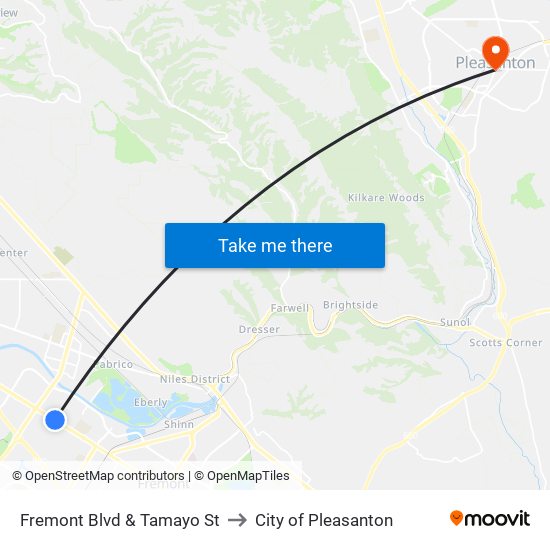 Fremont Blvd & Tamayo St to City of Pleasanton map