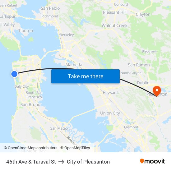 46th Ave & Taraval St to City of Pleasanton map