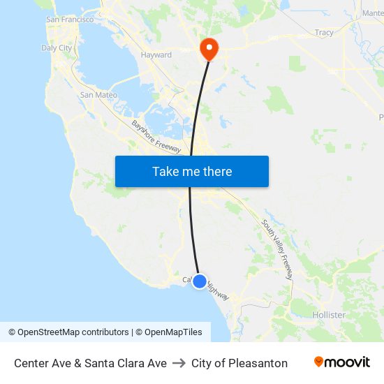 Center Ave & Santa Clara Ave to City of Pleasanton map