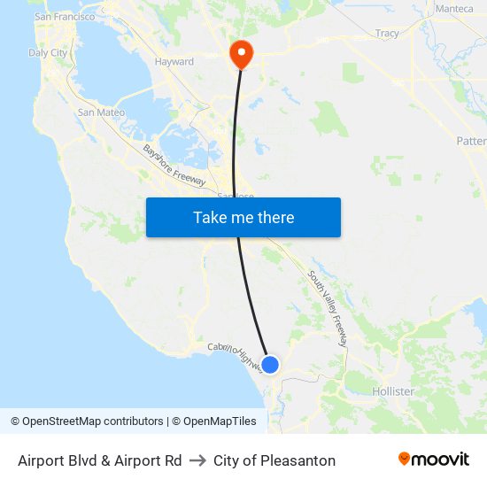 Airport Blvd & Airport Rd to City of Pleasanton map