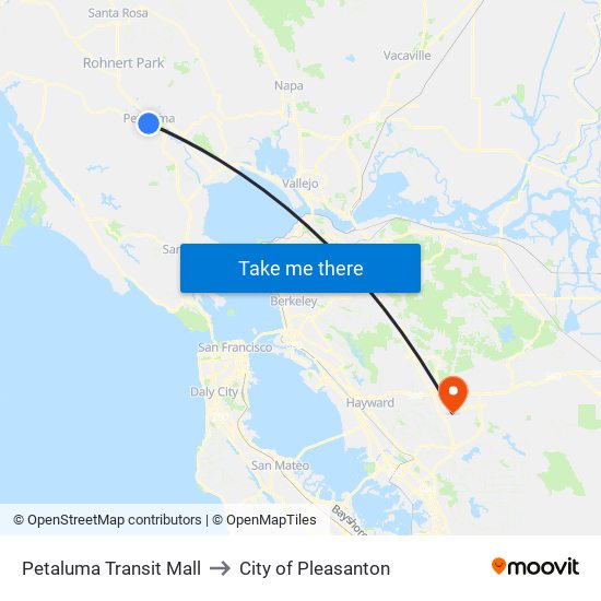 Petaluma Transit Mall to City of Pleasanton map