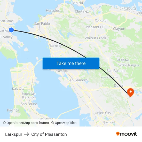 Larkspur to City of Pleasanton map