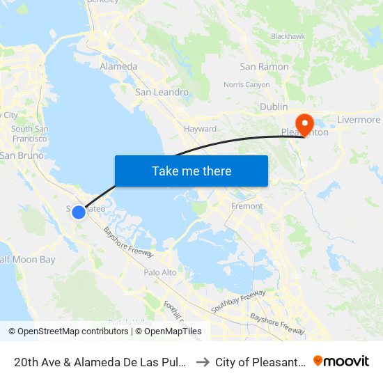 20th Ave & Alameda De Las Pulgas to City of Pleasanton map