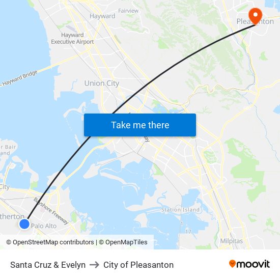 Santa Cruz & Evelyn to City of Pleasanton map