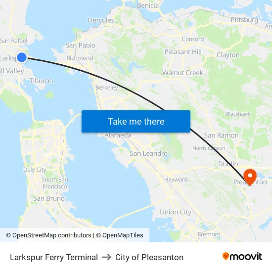 Larkspur Ferry Terminal to City of Pleasanton map