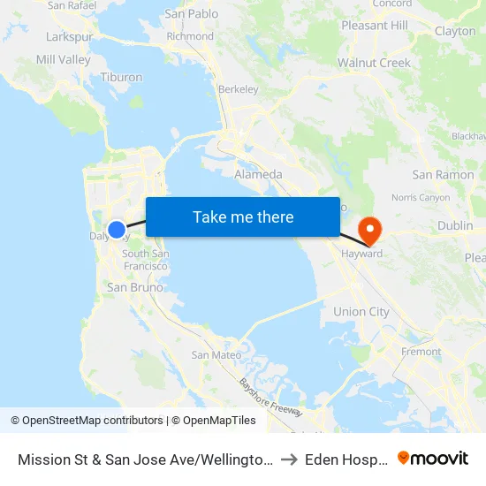 Mission St & San Jose Ave/Wellington Ave to Eden Hospital map