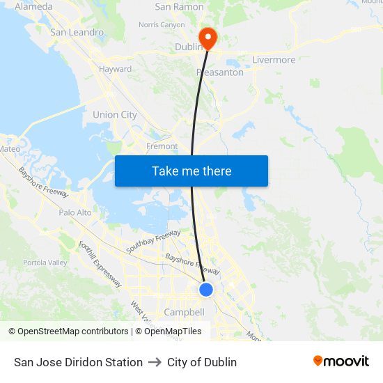 San Jose Diridon Station to City of Dublin map