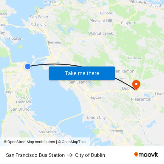 San Francisco Bus Station to City of Dublin map