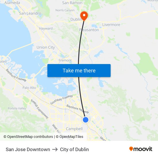 San Jose Downtown to City of Dublin map
